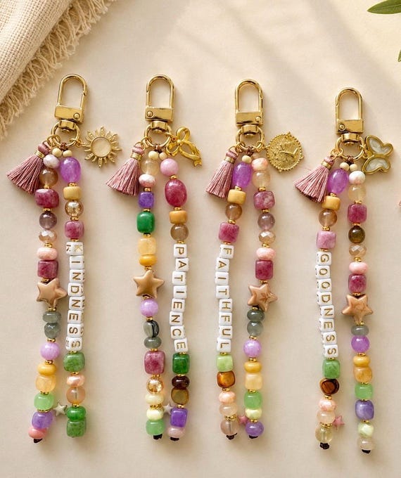 Handmade Beaded Keychain in Dusty Mauve, Mocha & Sage Charm with Dragonfly