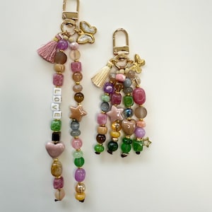 Handmade Beaded Keychain in Dusty Mauve, Mocha & Sage Charm with Dragonfly