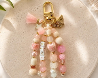 Pink Blush Beaded Keychain Charm – Heart & Star Detail | Handmade Bag Accessory