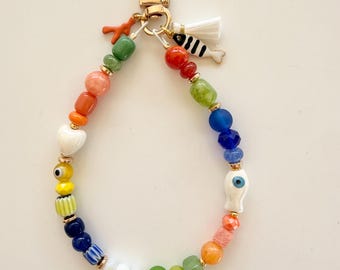 Mediterranean Summer Wristlet Keychain – Handmade Beaded Loop | Coastal Bag Charm Gift