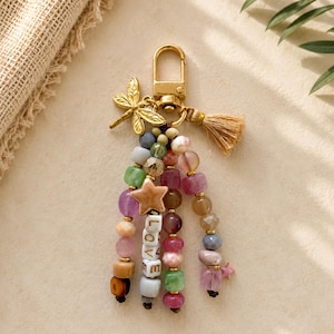 Handmade Beaded Keychain in Dusty Mauve, Mocha & Sage Charm with Dragonfly image 4