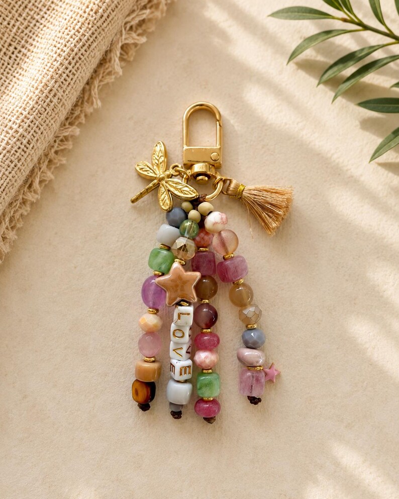 Handmade Beaded Keychain in Dusty Mauve, Mocha & Sage Charm with Dragonfly image 4
