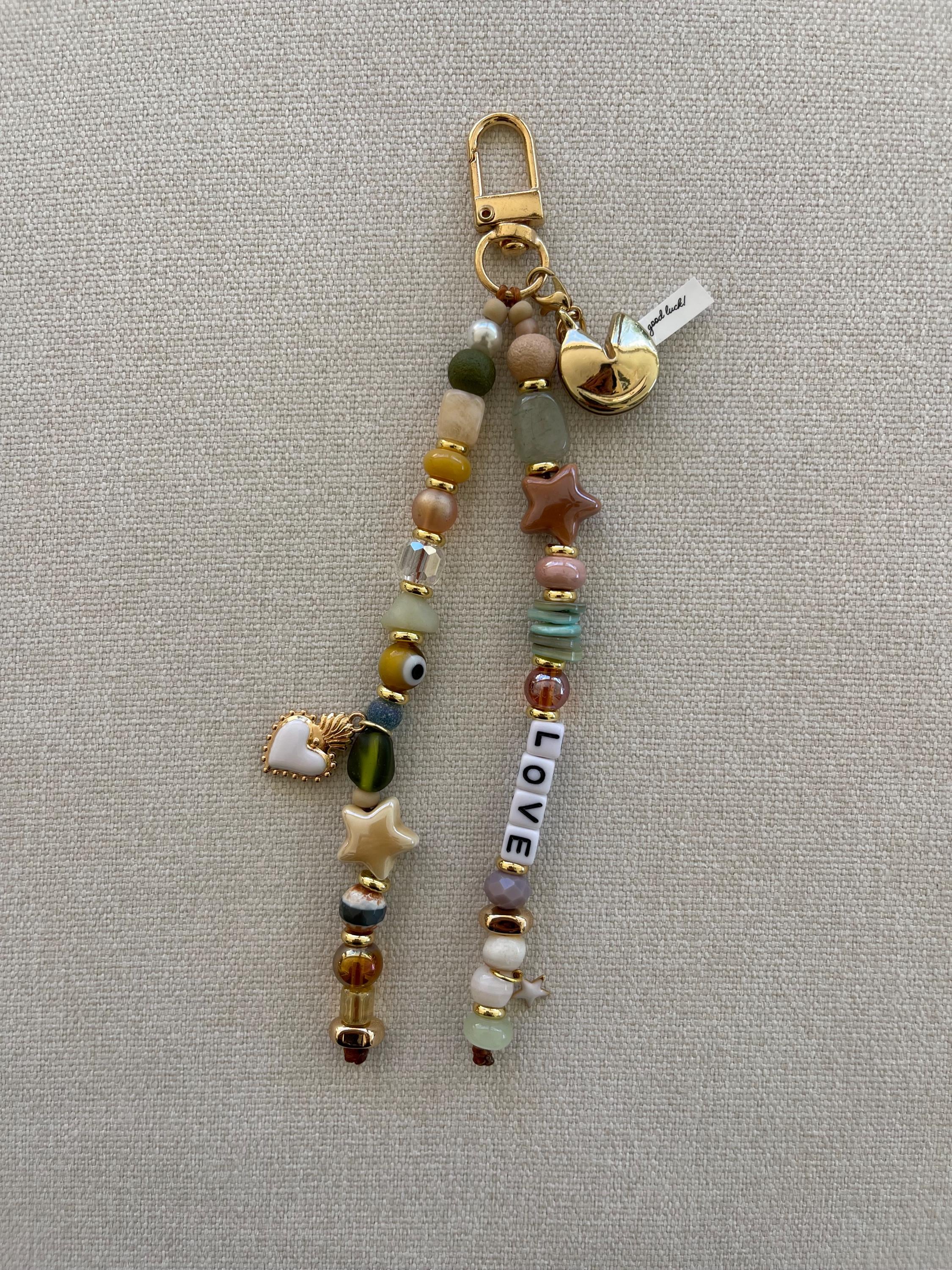 Handmade Beaded Keychain with Glass, Ceramic, shell, crystal and stone Beads,  heart, Fortune cookie charm, good luck, One of a kind