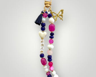 Bold Navy and Pink Handmade Beaded Keychain- Customize