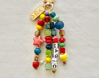 Rainbow “MAGIC” Beaded Keychain, Colorful Charm Accessory with Star & Heart Beads