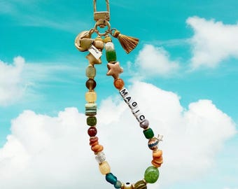 MAGIC (personalizable) Beaded Keychain, Handmade earth tone loop Keychain, Unique Beaded Charm Keyring, Purse Charm, phone accessory