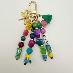 Gem Tone Beaded Personalizable Keychain with Dragonfly Charm – Custom Bag Charm, Handmade Gift for Her, Personalized Accessory