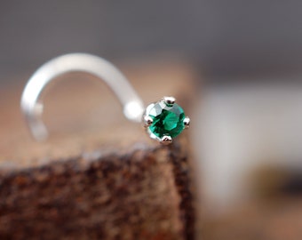 Emerald Nose Stud: 2mm Sterling Silver Nose Jewelry (18-24 Gauge)
