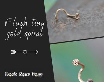 Flush Nose Stud - Gold Micro Mini Spiral - Handcrafted to Order in Your Gauge -  L, Screw, Bone End