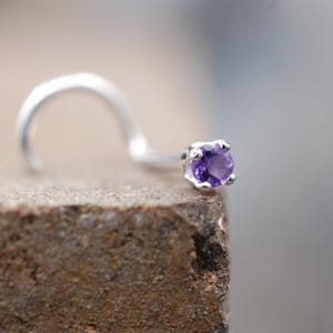 Handcrafted Amethyst Nose Stud: Sterling Silver, 2mm Gem