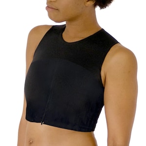 May include: A black sleeveless top with a zipper in the front and a black pair of shorts with pockets.