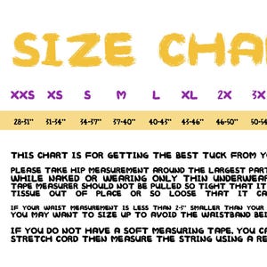 May include: Size chart with bust, waist, and hip measurements in inches, ranging from XXS to 5X. Includes instructions for taking hip measurements and a note about sizing up if the waist is smaller than the hips.