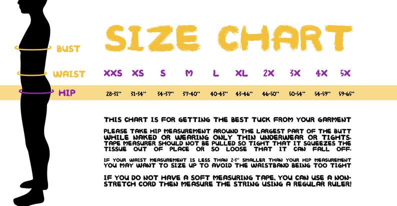 May include: Size chart with bust, waist, and hip measurements in inches, ranging from XXS to 5X. Includes instructions for taking hip measurements and a note about sizing up if the waist is smaller than the hips.