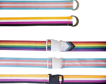 Cinturón con bandera del orgullo (hebilla ajustable o anillas en D, hasta 180 cm de largo) - Progress Rainbow, Trans, Nonbinary
