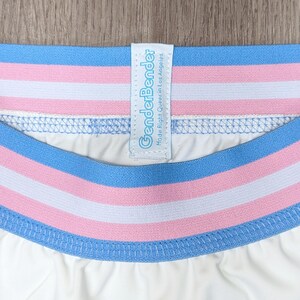 May include: White underwear with a blue, white, and pink striped waistband. The tag reads "GenderBender Made Right Queer in Los Angeles."