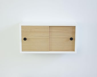 Floating Cabinet, Wall Mount Organizer: White Frame, Sliding Doors