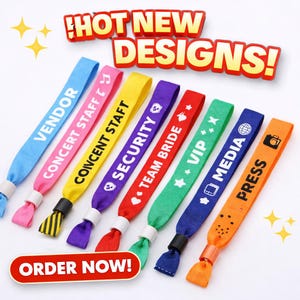 Puede incluir: Una colección de pulseras de eventos coloridas con el texto "HOT NEW DESIGNS!" y "ORDER NOW!". Cada pulsera es de un color diferente y tiene un texto diferente, incluyendo "VENDOR", "CONCERT STAFF", "SECURITY", "TEAM BRIDE", "VIP", "MEDIA" y "PRESS".
