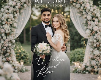 Personalized Wedding Welcome Banner with Phot | Custom Roll Up Wedding Sign with Photo Name Date | Elegant Floral Wedding Entrance Decor