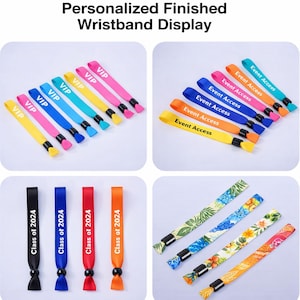 Op de afbeelding: Een display van gepersonaliseerde polsbandjes in diverse kleuren, waaronder geel, roze, blauw en oranje. Sommige polsbandjes lezen "VIP" en "Event Access", terwijl andere "Class of 2024" weergeven. De polsbandjes hebben zwarte sluitingen en zijn van stof.