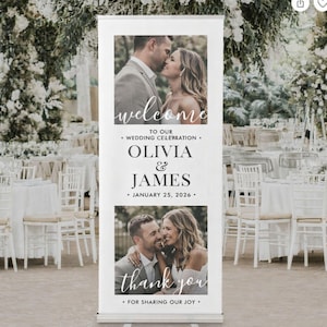 May include: A white wedding welcome banner with two photos of a couple. The banner reads "welcome" and "thank you", with the names "Olivia & James" and the date "January 25, 2026". The banner is displayed at a wedding reception.