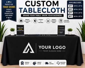Custom Tablecloth with Logo, Trade Show Table Cover, Custom Printed Table Throw, Vendor Booth Display Banner Cover for Craft Fair