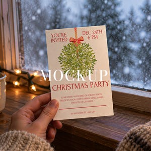 May include: A white rectangular Christmas party invitation card featuring a green mistletoe illustration with a red bow at the top. The text reads: YOU'RE INVITED, DEC 24TH 6 PM, MOCKUP, CHRISTMAS PARTY, and details about holiday cheer, food, and games.