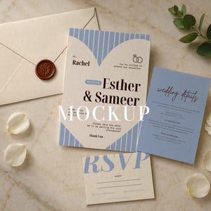 May include: A wedding invitation suite featuring a cream envelope with a brown wax seal, a main invitation card with blue stripes and a heart shape, a blue details card, and a cream RSVP card with blue text, all displaying various wedding details.