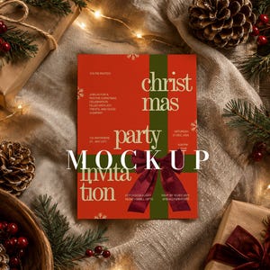Invitation Mockup PSD Christmas Party Invite Holiday Card Red Green Gift Wrap Flat Lay Pinecone Rustic Cozy 5x7 Instant Download Photo