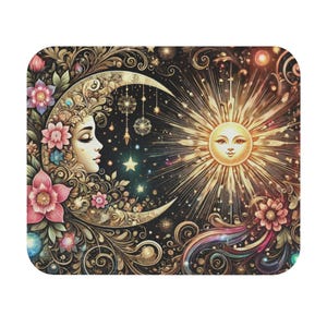 May include: A decorative square featuring a celestial design with a crescent moon, a smiling sun, and floral accents. The artwork has a vintage style with a dark background and gold and pink details.
