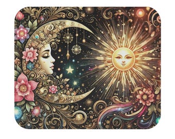 May include: A decorative square featuring a celestial design with a crescent moon, a smiling sun, and floral accents. The artwork has a vintage style with a dark background and gold and pink details.