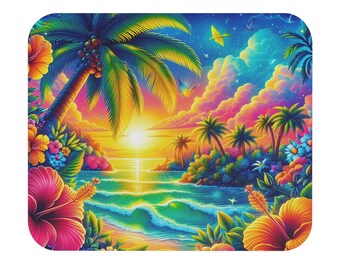Pode incluir: Uma ilustração vibrante e colorida de uma cena de praia tropical. Palmeiras, flores de hibisco e um céu ao pôr do sol com tons de rosa, laranja, amarelo e azul. As ondas do oceano são turquesas e o tema geral é um paraíso tropical.