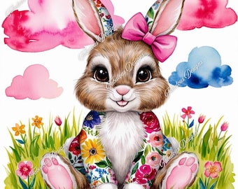 Floral Easter Bunny PNG: Wall Art Clipart Sublimation Design (Digital Download)