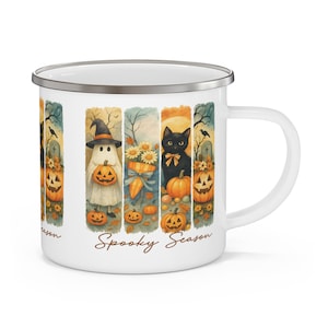 Spooky Season Enamel Camping Mug, Fall Camping Mug, Halloween Coffee Cup, Unique Outdoor Mug, Rustic Pumpkin Mug, Gift for Cat Lovers