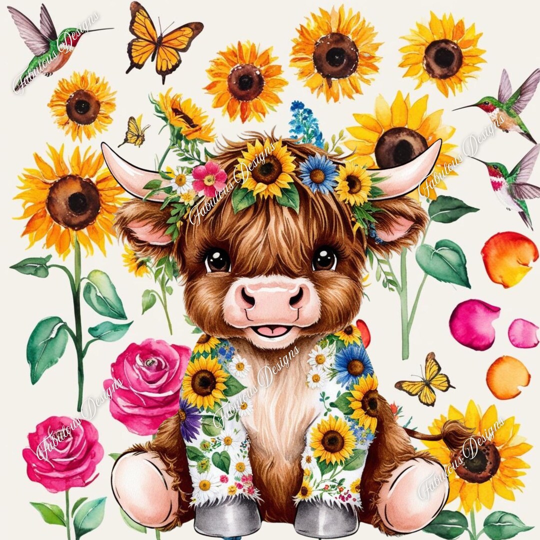 Sunflower Highland Cow PNG: Spring Sublimation Design (digital Download ...