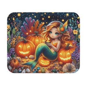 Halloween Mermaid Mouse Pad | Whimsical Pumpkin Jack-o'-Lantern Underwater Scene