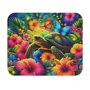 May include: A colourful illustration featuring a sea turtle amidst tropical flowers and butterflies. The turtle's shell is rainbow-hued, and the flowers are in shades of pink, orange, and blue. Butterflies with orange and blue wings are also depicted.