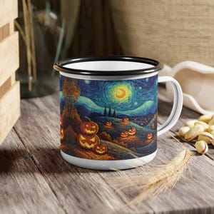Halloween Starry Night Enamel Camp Cup, Fall Decor, Pumpkin Mug, Autumn Camping Gear, Cozy Drinkware, Unique Gift for Halloween