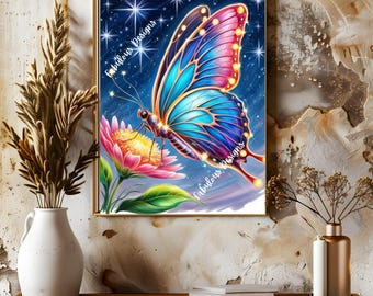 May include: A colorful butterfly with iridescent wings and a pink flower. The butterfly has a blue, purple, and pink color scheme with gold accents. The flower is pink with yellow accents. The background is a dark blue with stars.