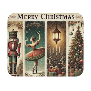 May include: Rectangular Christmas-themed design with the words "Merry Christmas" at the top. The design features a nutcracker, a ballerina, a lantern, and a decorated Christmas tree. The color palette includes red, green, and gold.