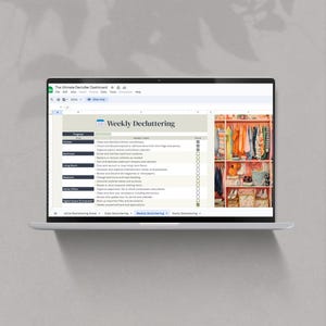 May include: A laptop screen displaying a spreadsheet with a checklist titled "Weekly Decluttering". The checklist includes tasks for different areas of the home, such as the kitchen, bathroom, living room, bedrooms, home office, and digital space. The spreadsheet also includes a column for marking tasks as complete. A photo of a closet with shelves and drawers filled with clothes and other items is shown on the right side of the screen.
