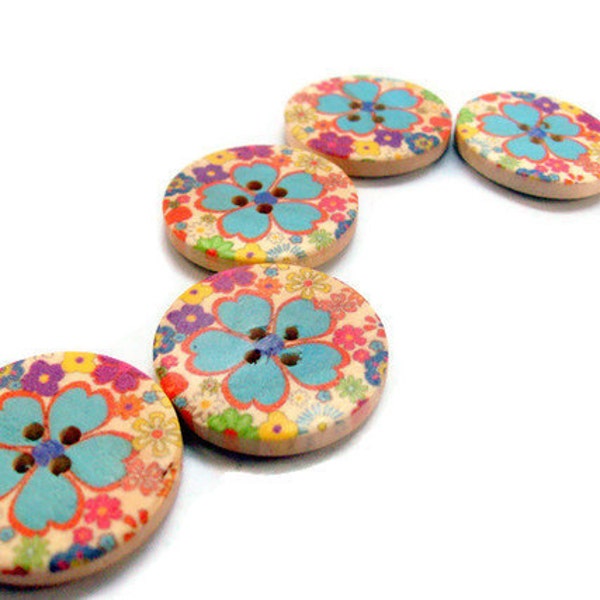 Buttons Wood with Blue Hibiscus Flower and Floral Design - Set of Five (5)