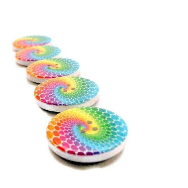 Sewing Buttons Rainbow Tie Dye Colorful - Set of Five (5) Wood