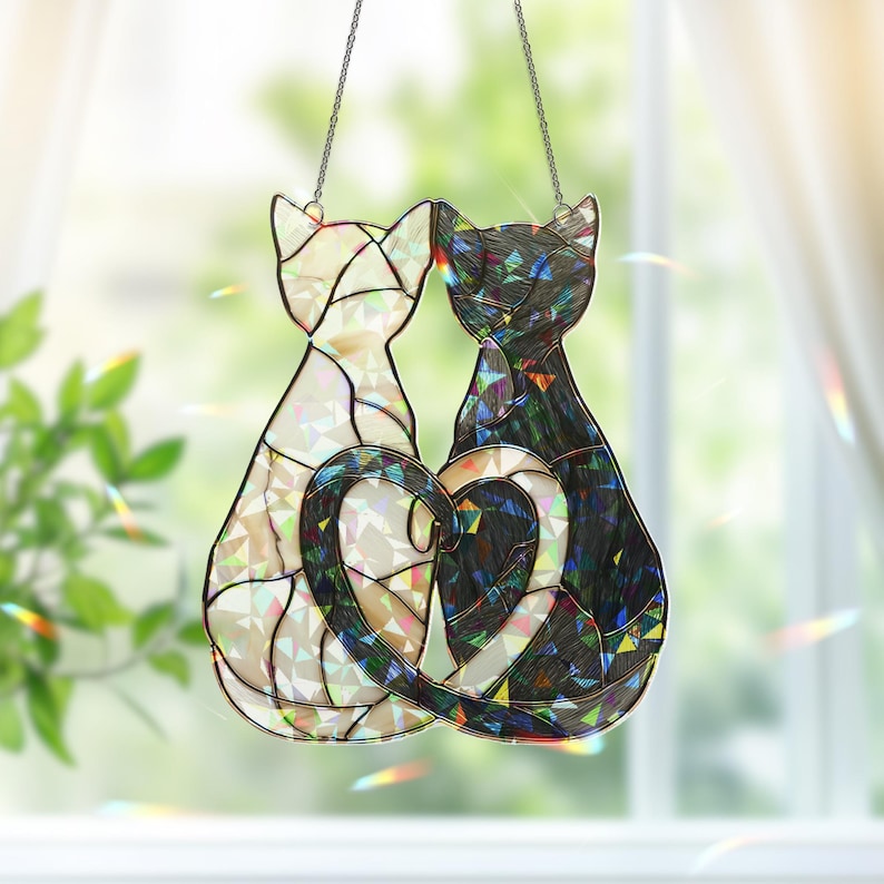 Puede incluir: Atrapasoles de cristal con dos gatos, uno blanco y otro negro, cuyas colas forman un coraz&oacute;n. Los gatos est&aacute;n suspendidos de una cadena. El cristal tiene un acabado texturizado e iridiscente, creando un efecto arco&iacute;ris.