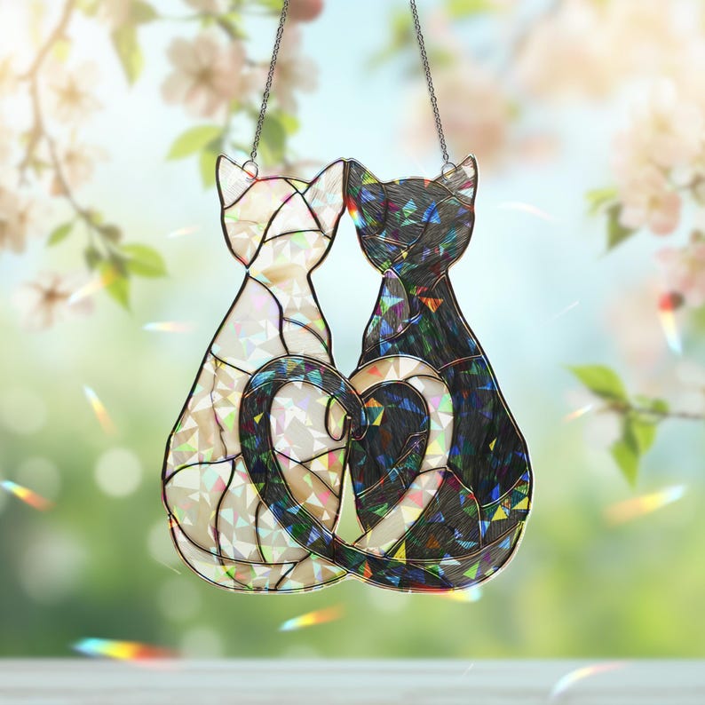 Puede incluir: Un atrapasoles de vidrieras que muestra dos gatos sentados uno al lado del otro. Un gato es blanco y el otro es negro, ambos con una textura facetada e iridiscente. Sus colas se curvan juntas para formar un coraz&oacute;n. La pieza cuelga de una cadena fina.