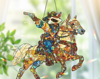 Cowboy Raccoon Suncatcher, Funny Animal Cowboy Decor for Rustic Western Home, Window Hanging Art Cling, Kid&#39;s Room Decor, Animal Suncatcher