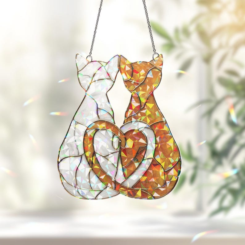 Puede incluir: Atrapasoles de gato de vidriera con dos siluetas de gato formando un coraz&oacute;n. Un gato es blanco, el otro es naranja y amarillo. El atrapasoles cuelga de una cadena plateada, ideal para una ventana o pared.