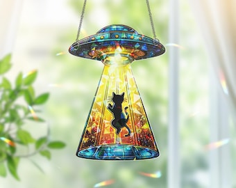 Funny Cat UFO Suncatcher, Alien Spaceship Decor, Quirky Gift for Cat Lovers, Gift for Cat Mom or Personalized Space Decor, Cat Home Decor