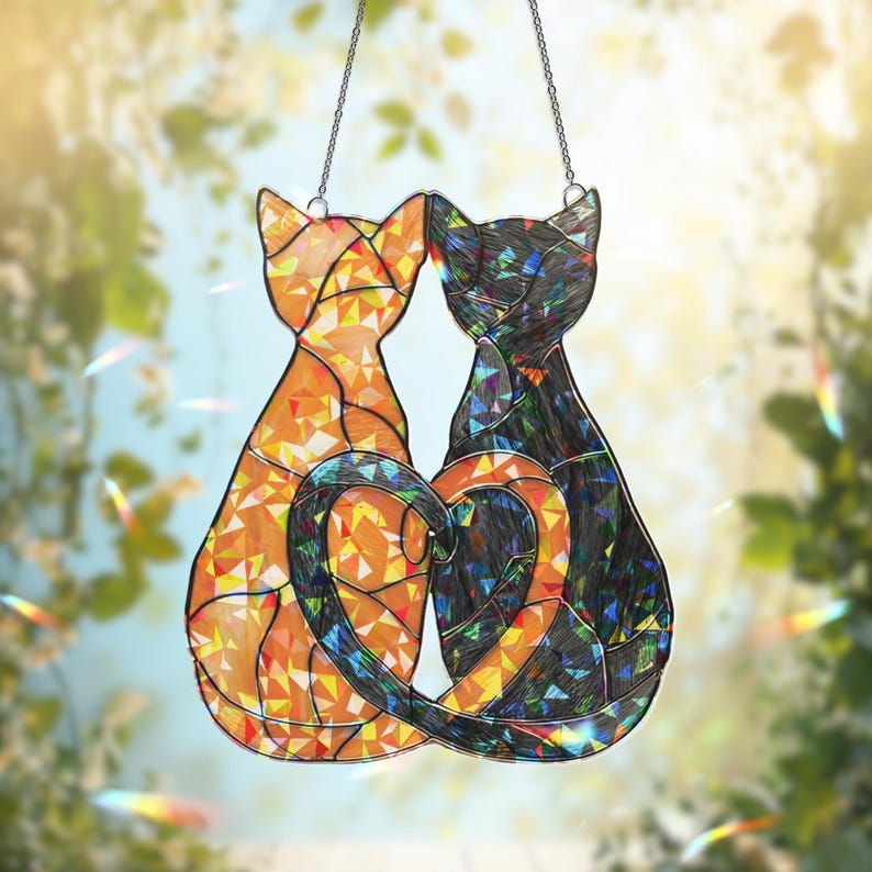 Puede incluir: Un atrapasue&ntilde;os de vidrieras que muestra dos gatos sentados uno al lado del otro. Un gato es naranja con patrones geom&eacute;tricos y el otro es negro con texturas iridiscentes. Sus colas se curvan juntas para formar un coraz&oacute;n en el centro.