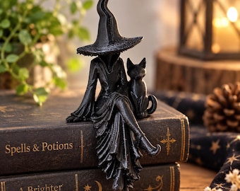 Puede incluir: Una figura negra de un personaje sentado que lleva un sombrero de ala ancha y punta, y un vestido largo y fluido, acompañado por un pequeño gato negro. La figura está posada en el borde de dos libros apilados titulados Spells & Potions y A Brighter Magic.