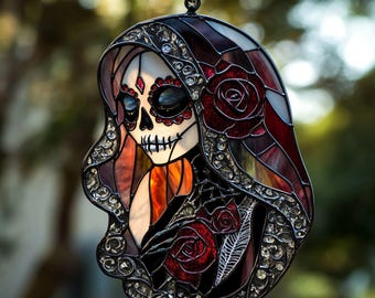 Dia De Los Muertos Sugar Skull Sun Catcher, Day of the Dead Light Catcher Window Hanging, Halloween Calavera Home Decoration, Halloween Gift